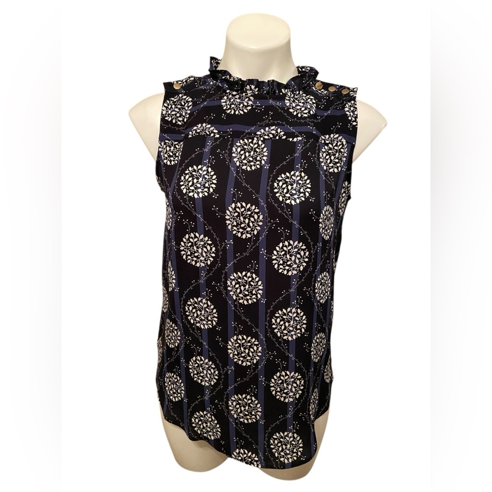 LOFT Women’s Navy Blue and White Floral Striped Sleeveless Tank Blouse Size XS